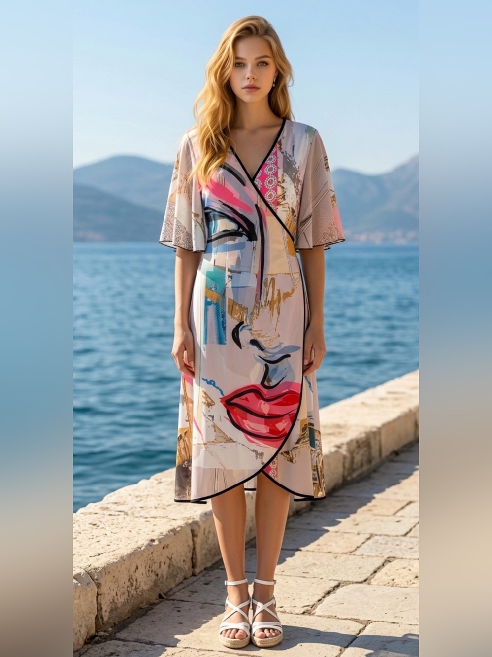 Volt Design Pastel Print Wrap Dress with Black Trim